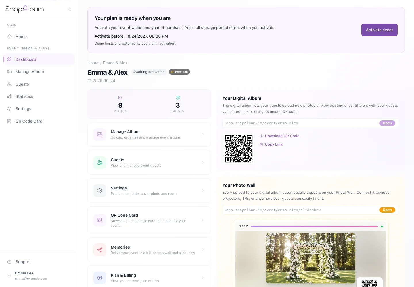 Set the event name, date and welcome screen before sharing. Read the activation notice, including the upload and storage dates.