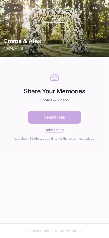 Choose photos from your phone and start the upload. Keep the page open until the upload finishes.